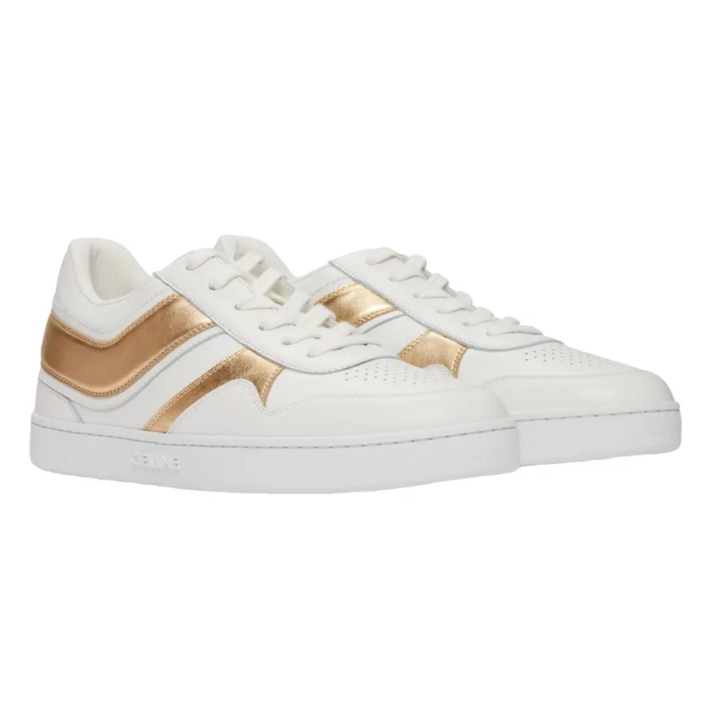 Celine Women's Trainer Low Lace-Up Calfskin Sneakers White And Gold Size 40/10
